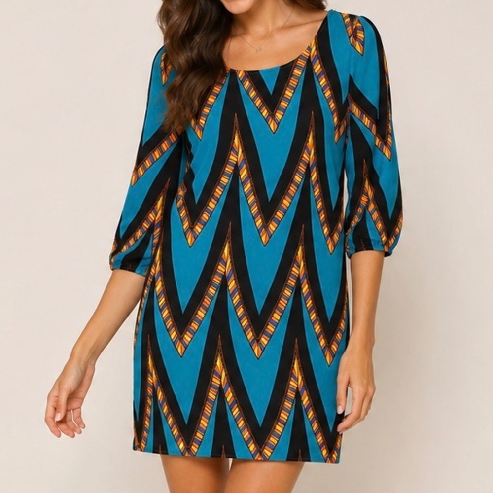 Hello Miss S Turquoise Black Chevron Geometric 3/4 Sleeve Mini Dress Maximalist